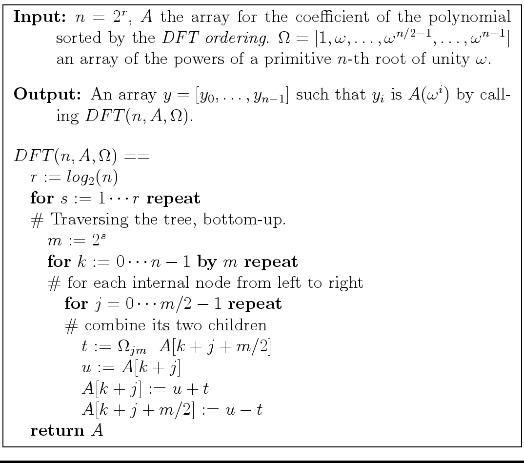 \fbox{
\begin{minipage}{12 cm}
\begin{description}
\item[{\bf Input:}] $n = 2^r$...
...k + j + m/2]$\ := $u - t$\ \\
\> {\bf return} $A$
\end{tabbing}\end{minipage}}